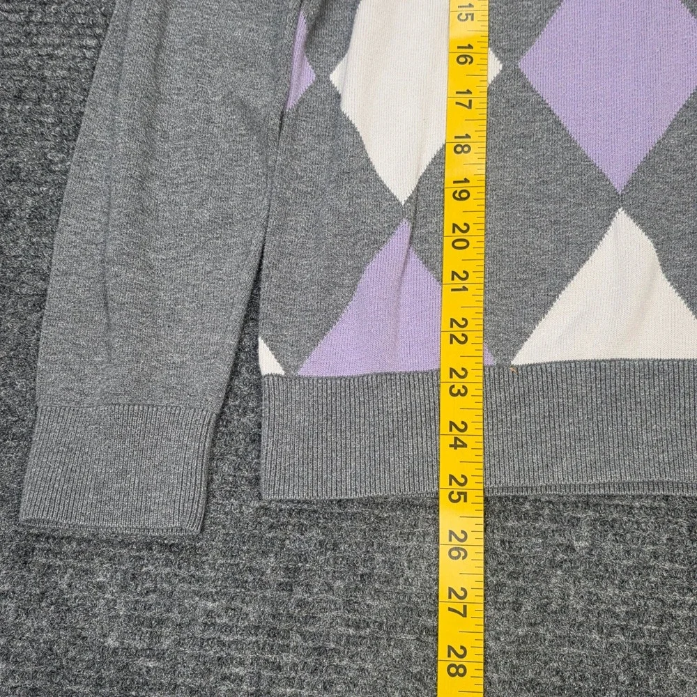 Claiborne Argyle V-Neck Sweater Men's Size Small‎ Gray Purple White 100% Cotton